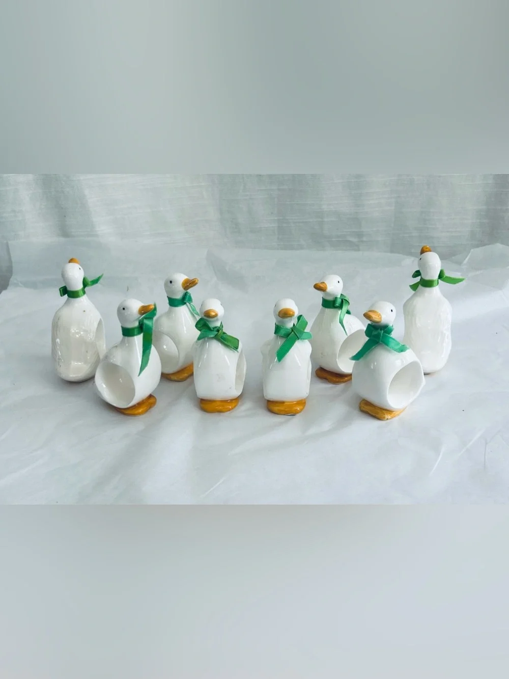 Vintage 1983 R, Gavalon Collectible Ceramic Duck Napkin Rings with Green Bows